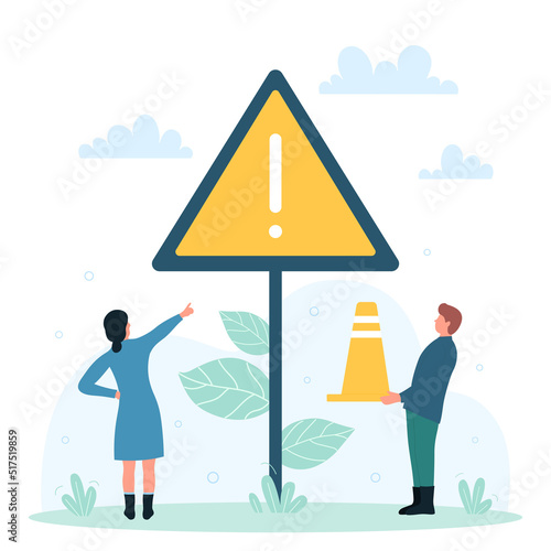 Traffic rules, warning sign to be careful on city street or highway vector illustration. Cartoon tiny people pointing on triangle road sign with exclamation mark, attention to transportation safety