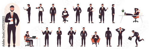 Busy businessman character in various poses set vector illustration. Cartoon entrepreneur in suit sitting at table, office worker talking on lecture, presentation of commercial plan isolated on white