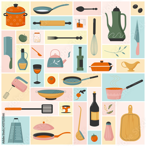 Kitchen utensils, tools and equipment set vector illustration. Cartoon chefs kitchenware collection with whisk pot pan ladle plate spoon knife fork frypan teapot in geometric collage background