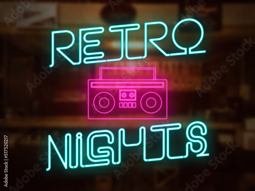 A retro nights neon sign in front of a bar or pub. A pink stereo player graphic. Nightlife throwback 70s 80s 90s party concept. Neon pink and teal colors. photo