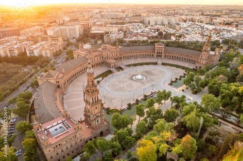 Plaza de Espana at sunrise in Seville, Spain. Aerial view