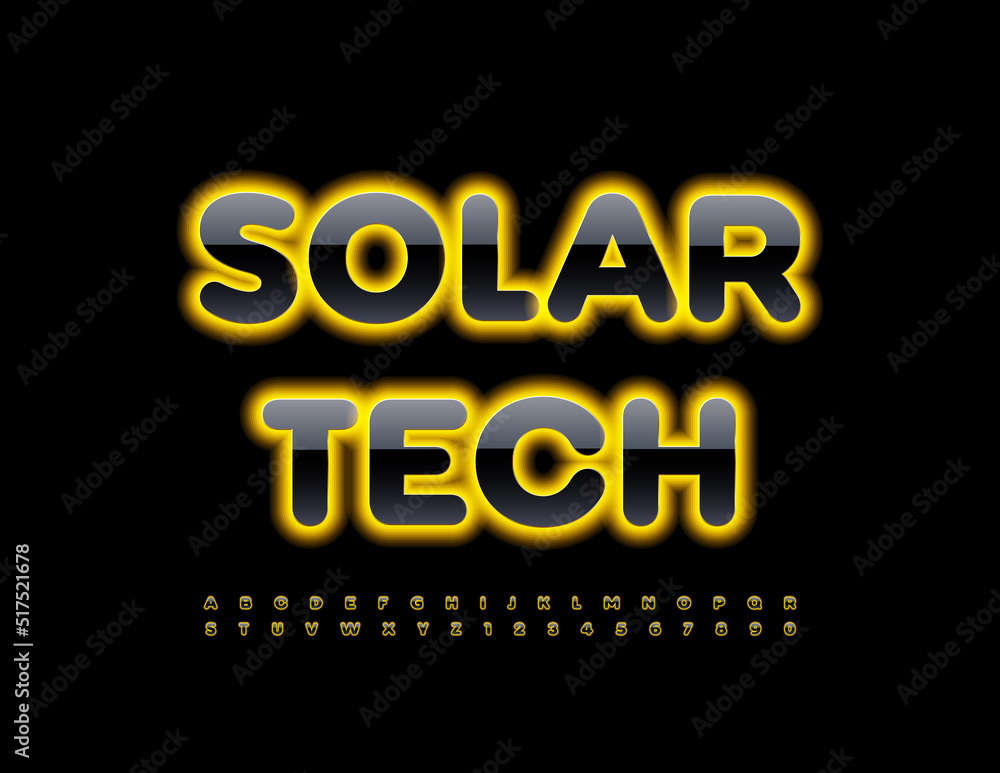 Vector neon banner Solar Tech. Bright Yellow and Black Font. Artistic Alphabet Letters and Numbers set