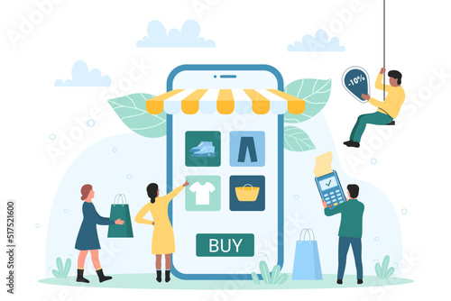 Shopping service and online payment for products in mobile shop app vector illustration. Cartoon tiny people buy and pay with POS terminal, clothes, sport shoes and accessory on phone screen