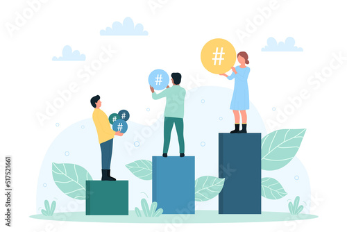 Hashtag in social media platform vector illustration. Cartoon tiny people stand on bars with hash sign to tag, post and repost popular content and feedback. Marketing technology, influence concept