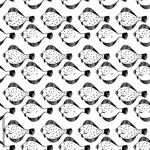 Seamless vector black pattern of flounder fish