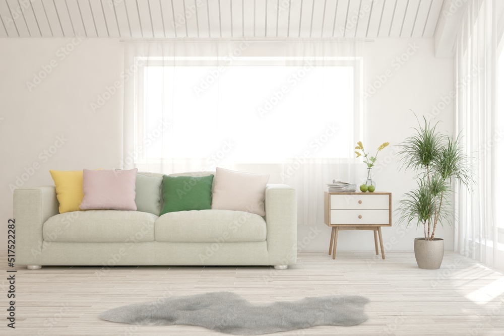 White living room with sofa. Scandinavian interior design. 3D illustration White living room with sofa. Scandinavian interior design. 3D illustration
