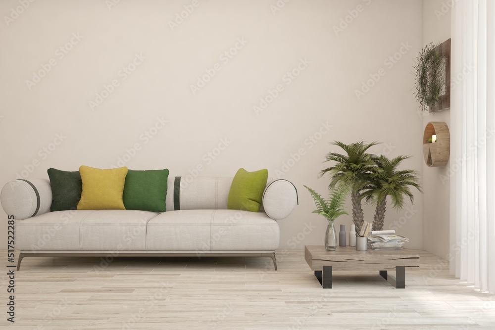 Fototapeta premium White living room with sofa. Scandinavian interior design. 3D illustration