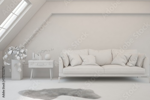 White minimalist living room with sofa. Scandinavian interior design. 3D illustration