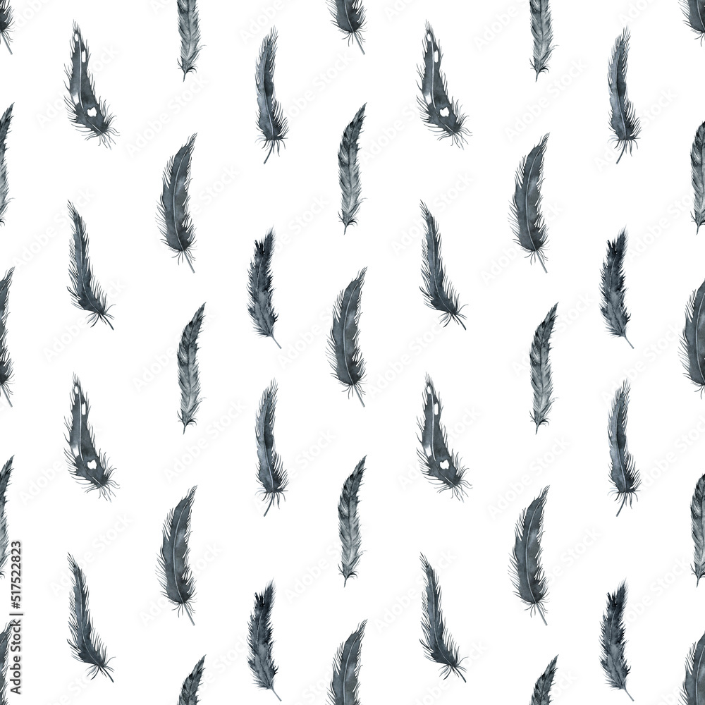 Watercolor feathers seamless pattern. Ethnic hand drawn motif for wrapping, wallpaper, fabric, cards. Vintage print on white background Watercolor feathers seamless pattern. Ethnic hand drawn motif for wrapping, wallpaper, fabric, cards. Vintage print on white background