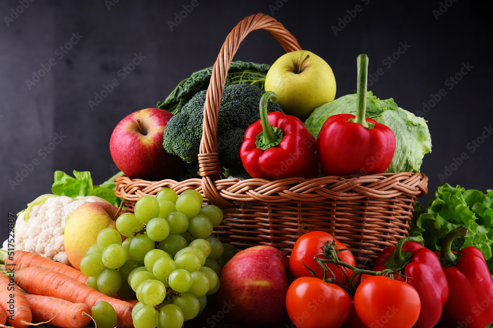 Fresh organic fruits and vegetables in wicker basket Fresh organic fruits and vegetables in wicker basket