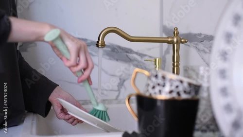 Woman wash up plate with cleaning brush and water in kitchen sink closeup at home