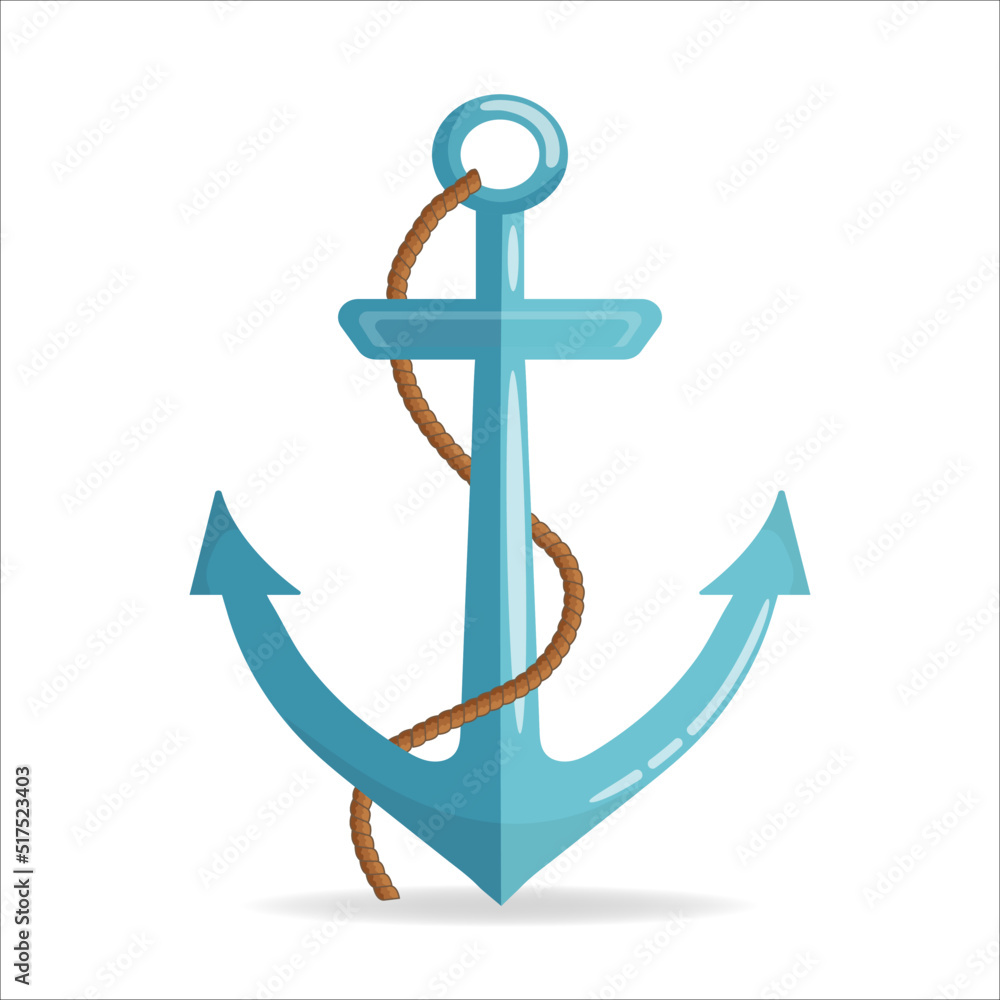 Nautical anchor with a rope. Icon isolated on white background. Flat  design. Vector illustration. Stock Vector