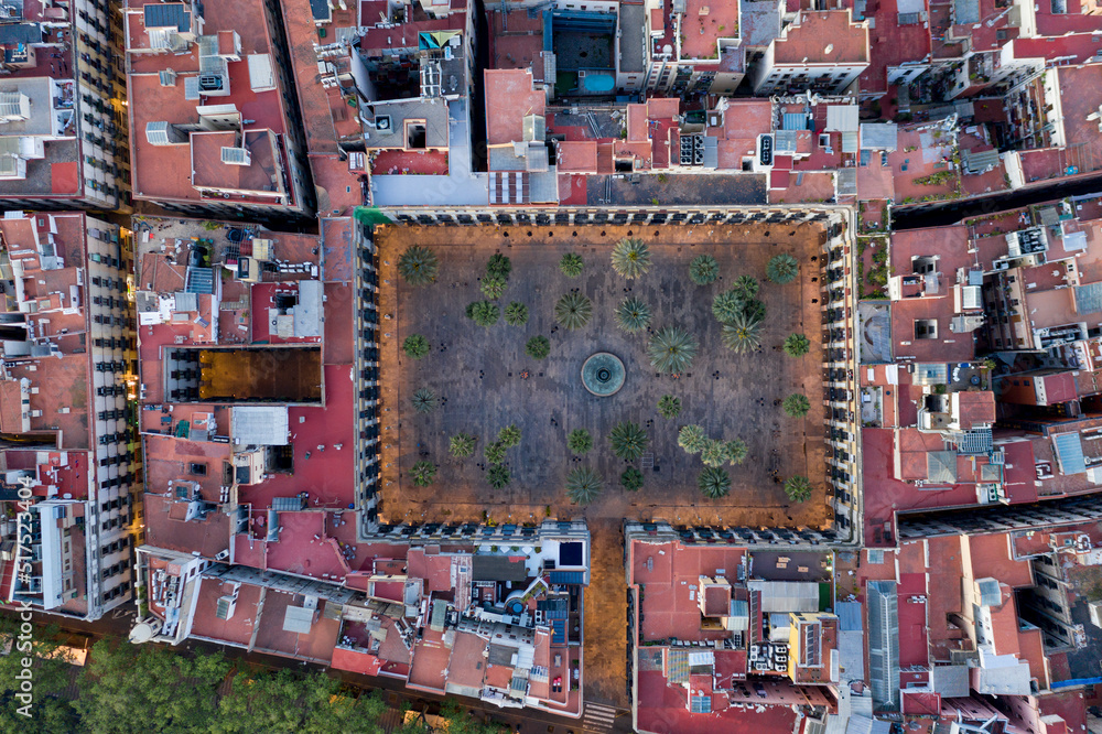 Aerial vieew of Reial square in Barcelona, at sunset in pandemic time