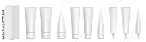 Realistic tubes with box. White plastic tubes for toothpaste, cream, gel and shampoo. Blank packaging front and side view vector mock up. Template for medicine or cosmetics set illustration