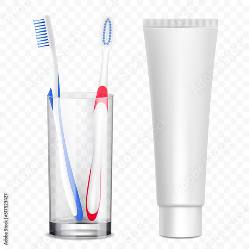 Toothbrushes in glass or plastic cup near toothpaste tube mockup. Oral hygiene products, toiletries for dental, stomatological ads. Vector 3d realistic templates on white