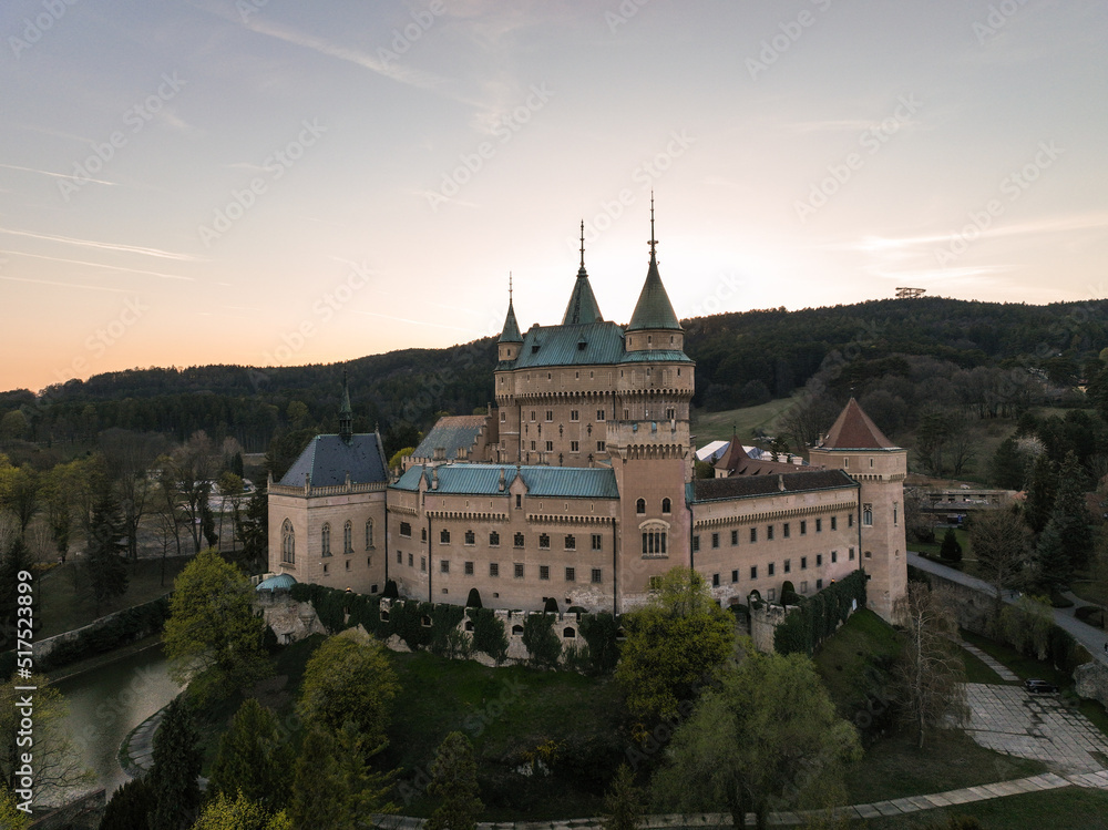 Aerial view of Bojnice Castle in Slovakia - Sunset