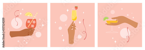 Hand holding a cocktail cheer. Set of glasses with alcohol. Company of woman celebrating. Summer vacation with cold drinks. Toast concept on pink background. Vector isolated flat design.