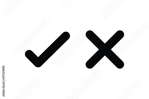 Checkmark icons set. Tick and cross sign. Black check mark and black X cross icon isolated on white background. Simple marks graphic flat design. Circle shape YES and NO button. Vector illustration.