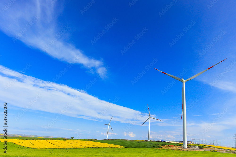 A green field, a tree and a wind turbine