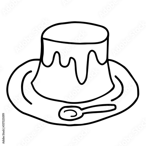 皿に載ったプリンの線画イラスト