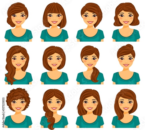 Beautiful smiling woman demonstrates various hairstyles. Long and short hair. Brown hair color. Hairstyle set. Flat style on a white background. Cartoon.
