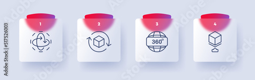 Metaverse set icon. 3d modeling of objects, Application Development. Planet with vr text. Arrow 360 degree viewing. Virtual reality concept. Glassmorphism style. Vector line icon for Business
