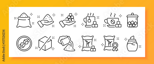 Sugar set icon. Sweetness, sugar cubes, coffee, tea, saucepan, cup, diabetes, sugar bowl, flour. Dessert concept. Vector line icon for Business and Advertising