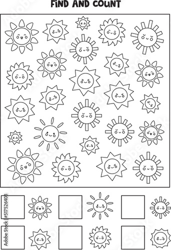 Counting game with cute suns. Black and white worksheet.