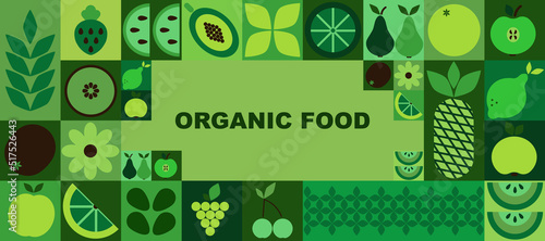 Bauhaus organic food banner. Abstract geometric fruits, bright colorful green pattern, simple forms. Natural organic background, horizontal poster, eco agriculture design vector illustration