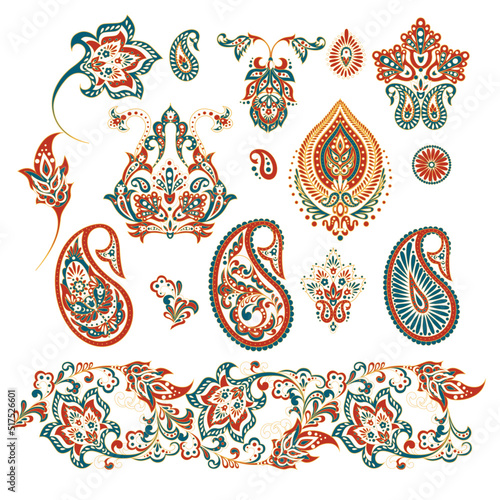 Vector set of isolated elements paisley, flowers and leaf for you own design
