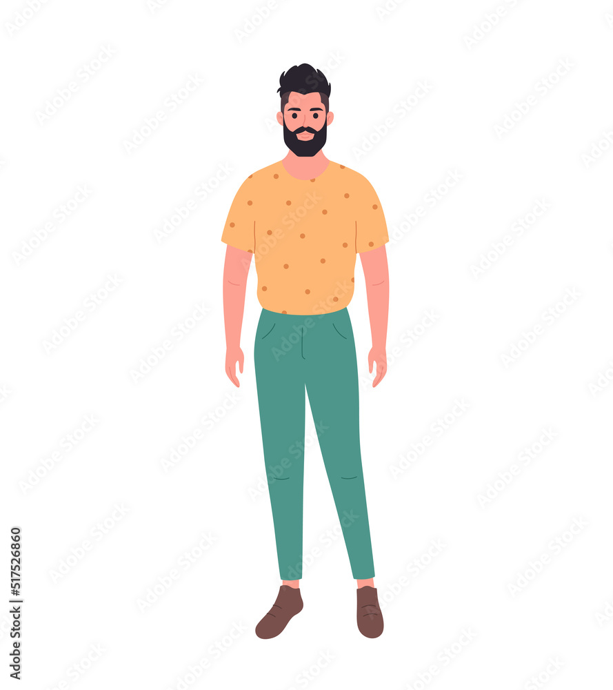 Modern young man in casual outfit. Stylish fashionable look. Hand drawn vector illustration