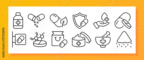 Medicine set icon. Tablet, syrup, pharmacy, first aid kit, doctor, runny nose, mortar, cream, ointment, chemistry, dietary supplement, anesthesia. Health care concept. Vector line icon for Business