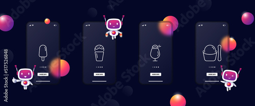 Ice cream set icon. Glaze, chocolate, on a stick, ice cream, frozen juice, in a sugar glass, sweetness. Yummy concept. Glassmorphism. UI phone app screen. Vector line icon for Business