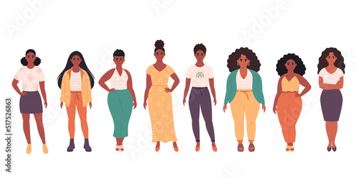 Black women of different body types, hairstyles, age. Social diversity of people in modern society. Fashionable casual outfit. Hand drawn vector illustration