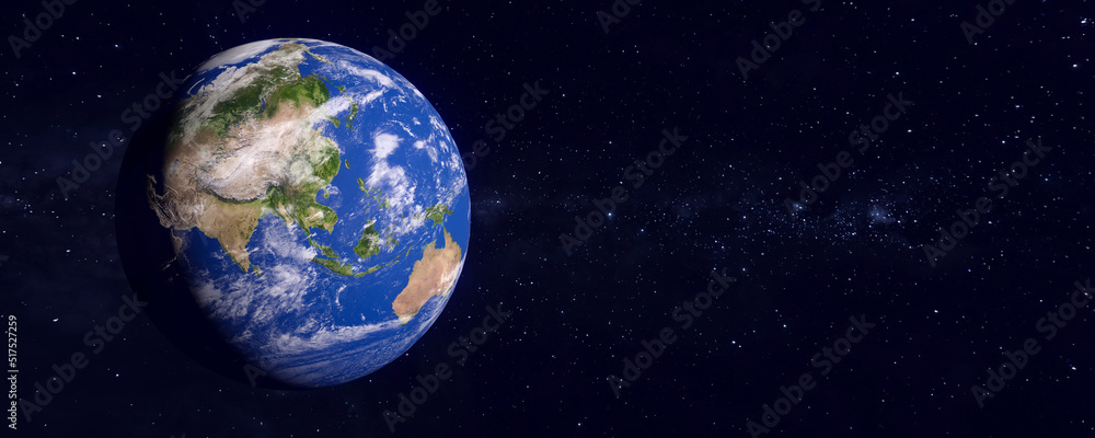 Panoramic view of the earth and galaxy. Blue planet. The World Globe from Space. Showing the continents of Asia and Australia. 3D rendering illustration. Elements of this image furnished by NASA.