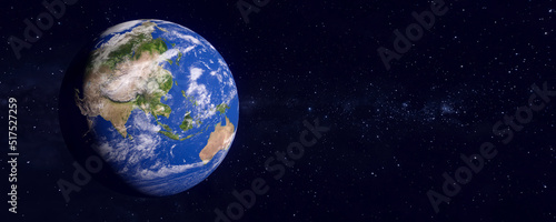 Panoramic view of the earth and galaxy. Blue planet. The World Globe from Space. Showing the continents of Asia and Australia. 3D rendering illustration. Elements of this image furnished by NASA.