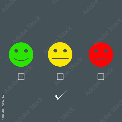 Survey Quality Evaluation. illustration of Good and Bad Face,Feedback smileys Good, Average and Bad