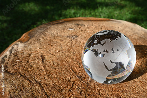ガラスの地球儀（ヨーロッパ・アフリカ周辺） SDGs 環境保護 イメージ glass globe on the stump of a tree