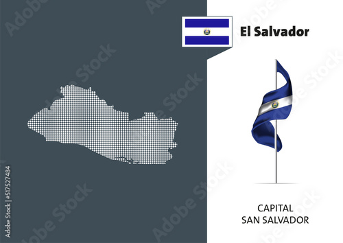Flag of El Salvador on white background. Dotted map of El Salvador with Capital name - San Salvador.