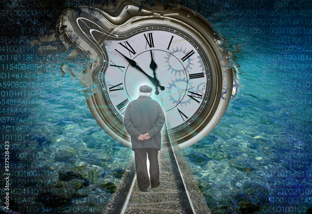 old man walks along rails into distance, clock counts down passing time