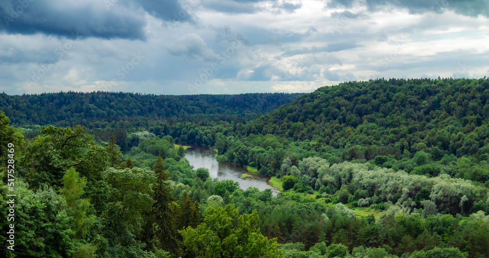 River valley with green trees and cloudy sky
