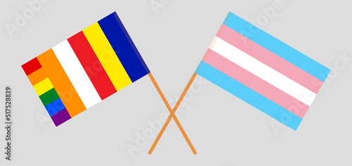 Crossed flags of Buddhism and Transgender Pride. Official colors. Correct proportion