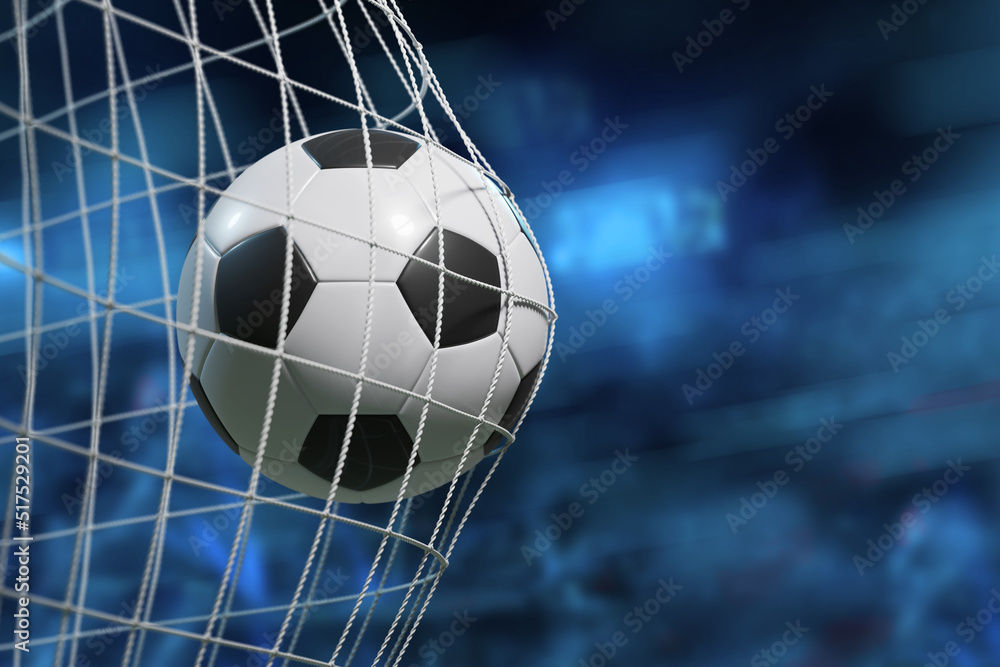 Naklejka premium Soccer ball, scoring the goal and moving the net. 3D illustration.