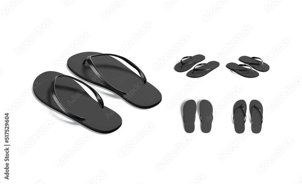 Blank black beach slippers mock up, different views Blank black beach slippers mock up, different views