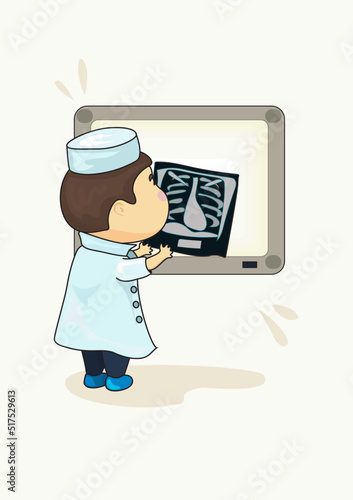 Cartoon image of a kawaii doctor looking at a chest X-ray using a negatoscope against a light-coloured background. Postcard with the X-ray technician.
