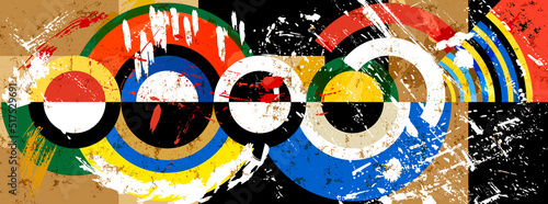 abstract background pattern, with circle ornament, paint strokes and splashes, art in the bauhaus tradition, grungy style