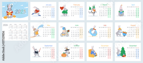 Vertical calendar for 2023 with rabbit character. 12 months  cover and last page with calendar for 2024. The beginning of the week from Monday  Saturday and Sunday are highlighted. Flat vector  eps10