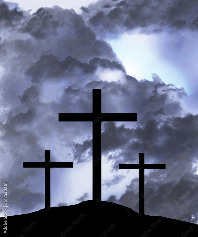 The three crosses of the crucifixion of Jesus Christ  are seen in silhouettes in front of a stormy sky in this Easter 3-d illustration.
