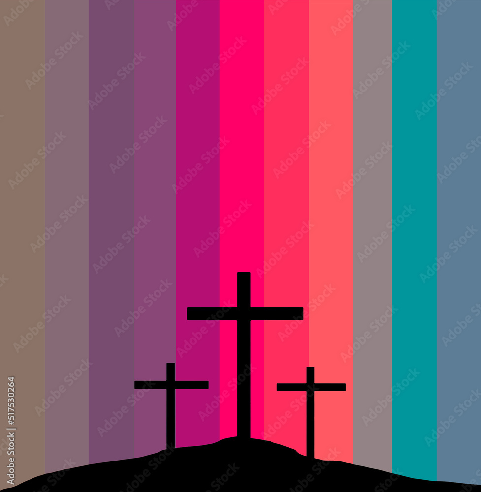 Christ  are seen in silhouettes in front of a colorful sky in this Easter 3-d illustration.