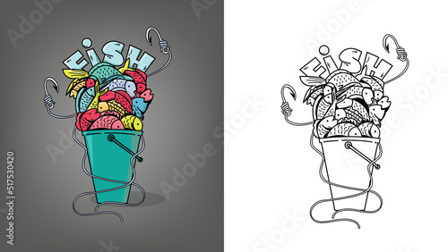 pile of fish on bucket on colored and black and white. fish hook , fish rope, fish bucket vector illustration . Eps 10 vector with clear layer name to edit color. good to print on tee shirt .